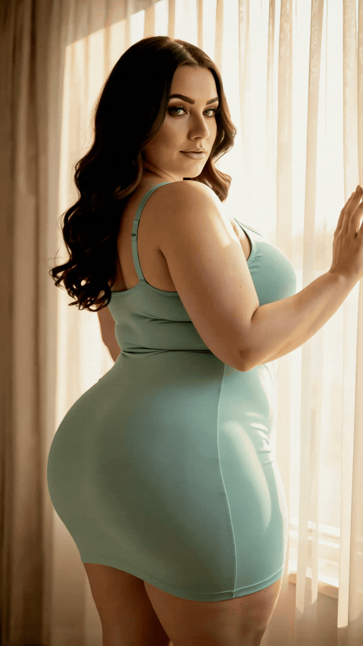 Happy curvy beauty Shauna posing confidently in elegant light green dress for her boyfriend experience.